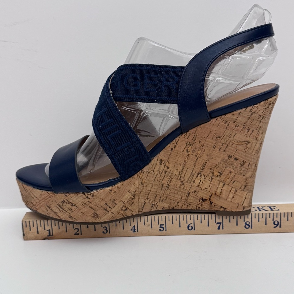 Tommy Hilfiger Woman’s Wedge Sandals Size7.5 Navy Blue Cork Platform Logo Straps - Picture 8 of 13